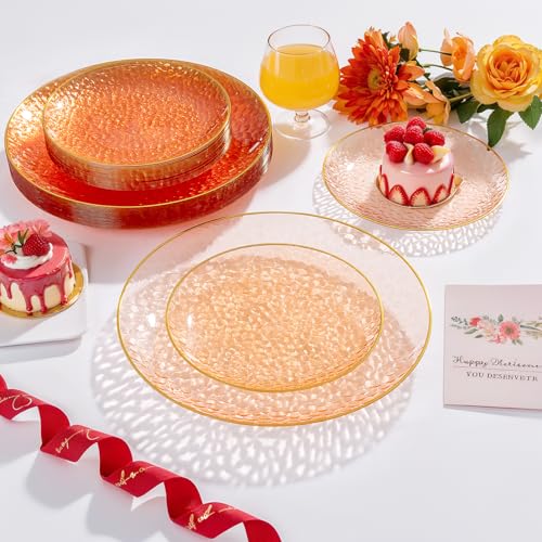 Rubtlamp 60Pcs Orange Plastic Plates, Orange Disposable Plates With Gold Rim, Hammered Plastic Plates Include 30 Dessert Platos, 30 Dinner Platos for Party - color: Clear Orange Gold