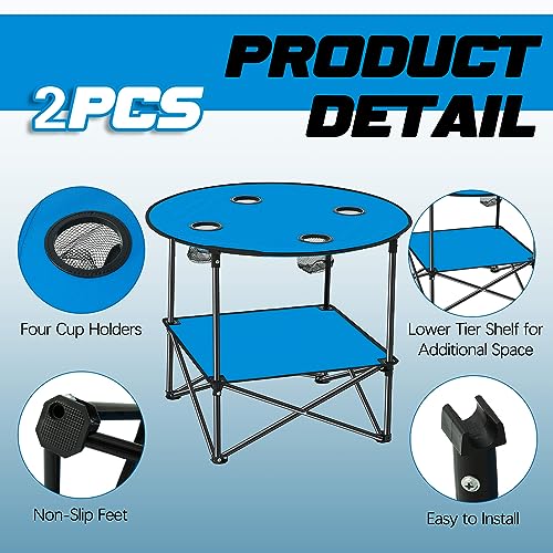 Soaoo 2 Pcs Folding Camping Table with 4 Mesh Cupholders 2 Tier Portable Folding Table Round Lightweight Fabric Compact Carrying Case Beach Table for Summer Outdoor Tailgating Fishing Hiking - color: Blue