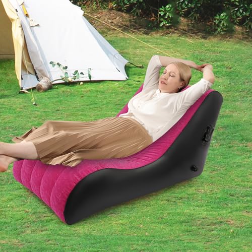 Lounger Inflatable Sofa Bed, Folding Sofa Bed with Flocking Fabric Comfortable S-Shape Air Mattress with Air Pump Blow Up Couch for Living Room Patio Outdoor Camping 35.4x55.1x27.5in (Rose-red) - color: Rose-red