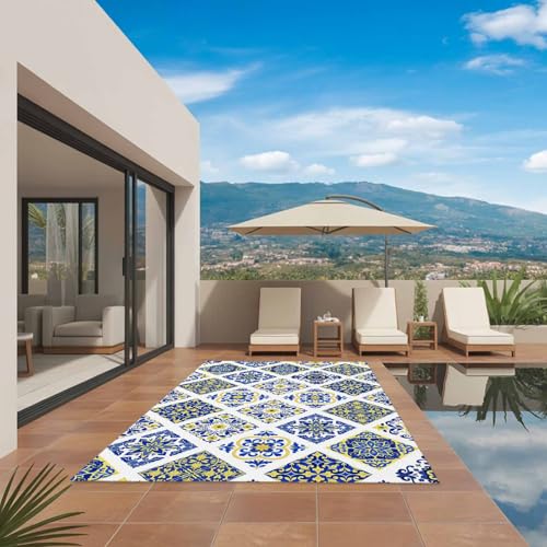 Bohemia Style Area Rug 5' x 7', Outdoor Rugs for Patio Rug Carpet for Sofa Living Room Bedroom, Large Floor Mat and Rugs for RV, Backyard, Deck, Picnic, Abstract Middle Century Aztec Pattern Blue - color: Blue, size: 5' x 7' (Rectangular)