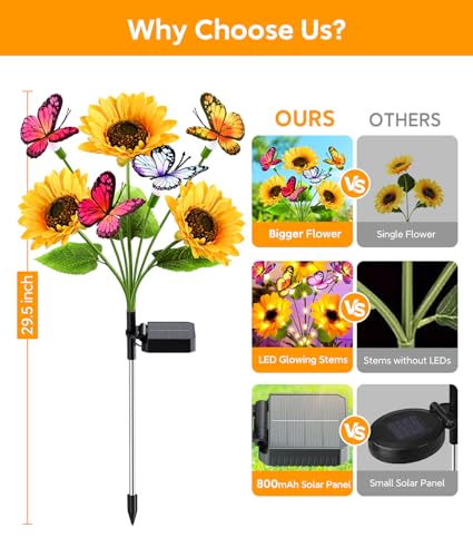 KOOPER Solar Garden Lights Outdoor Decor, Upgraded 4 Pack Solar Sunflower Lights with 16 Butterflies, Solar Flowers Outdoor Waterproof for Yard Lawn Garden Decor, Sunflower Gifts for Mom Women Grandma