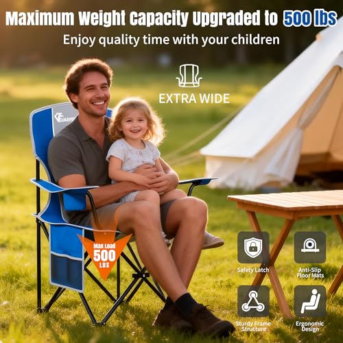 Oversized Camping Chairs, 500 LBS Capacity Folding Chair, High Back Camping Chair for Adult, Portable Outdoor Camping Chair with Wide Cup Holder and Side Pocket for Hiking Fishing Sports(Blue Grey) - color: 500lbs Blue Grey, size: Oversized