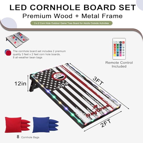 LED Cornhole Set, 3 x 2ft / 4 x2 ft Cornhole Board Game Set, Corn Hole Outdoor Game, Multi-Design with Light-Up Border, 8 Bean Bags, Carrying Case for Backyard, Beach, Lawn - color: American Flag, size: 3'x2'