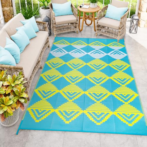 Lahome Outdoor Plastic Straw Rug, Reversible Outdoor Rug Waterproof 6x9 Patio Rugs, Camping Rugs for RV Backyard Deck Porch Picnic Beach Trailer (Blue/Yellow, 6' x 9') - color: Blue/Yellow/Checkered, size: 6'x9'