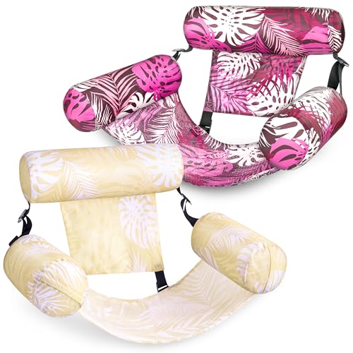SLOOSH Inflatable Pool Floats Adult,2 Packs Floating Lounge Chairs,Blow up Pool Noodles for Adult Heavy Duty,Floating Chair for Party Summer Water Beach Lake Fun - style: Tropical Leaves-Champagne, Pink