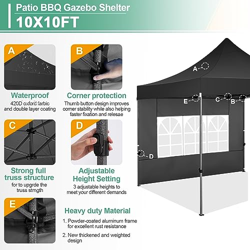 COBIZI 10x10 Pop Up Canopy with Sidewalls Heavy Duty Party Tent with Removable Awning Easy Up Outdoor Canopy Wedding, All Season Windproof&Waterproof with Roller Bag UPF 50+, Black - color: Black, size: 10x10 With 4 Sidewalls