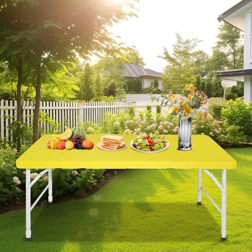 Portable Plastic Folding Table 4ft/6ft/8ft Heavy Duty White Black Picnic Dining Table Fold-in-Half for Camp Party Kitchen Indoor Outdoor - color: Yellow, size: 4FT, style: Flat Desktop