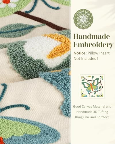 Embroidered Throw Pillow Cover 18x18 Inch - Spring Summer Boho Decorative Pillow Cover with Zipper for Living Room Couch Sofa Bed Aesthetic Design Branch Butterfly Cushion Pillowcase - color: Branch-butterfly, size: 18" x 18" (Pack of 1)