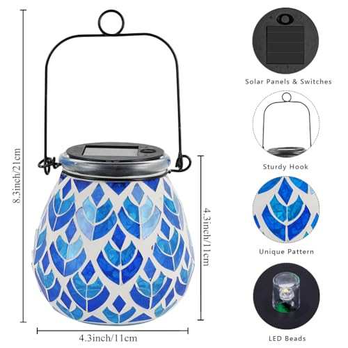 Stargarden Mosaic Solar Lanterns, Table Lamp for Garden ,Patio,Yard Decor Blue Glass Hanging Lantern Waterproof Outdoor Hanging Solar Lights - color: Blue