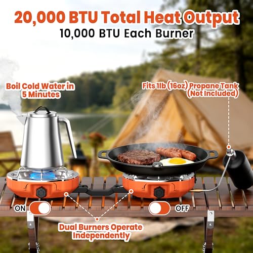 Cofiyard 20,000 BTUs 2 Burner Propane Camping Stove, Portable Folding Camp Stove with Adjustable Burners, Regulator and Carrying Bag, Dual Gas Stoves Easy Carrying Handle for Tailgating, Camping, BBQ - color: Orange