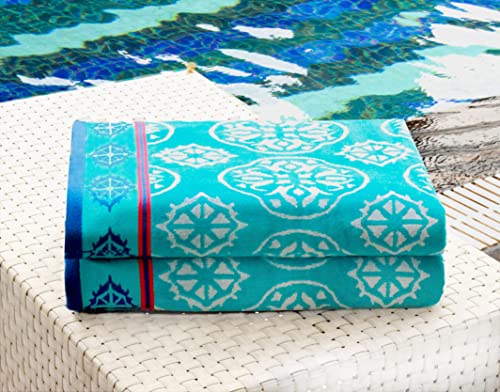 COTTON CRAFT Oversized XL Beach Towel 39 x 68-2 Pack - 100% Cotton Velour - Big & Huge - Pool Picnic Bath Towels - Jacquard Terry Thick Plush Super Soft Luxury - 450 GSM - Summer Trellis Pool Blue - color: Summer Trellis Pool Blue, size: 2 Pack - 39x68