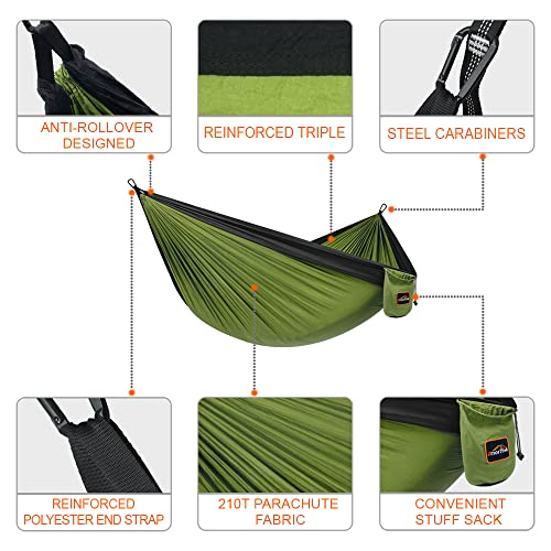 AnorTrek Camping Hammock, Super Lightweight Portable Parachute Hammock with Two Tree Straps Single or Double Nylon Travel Tree Hammocks for Camping Backpacking Hiking - color: Olive Green&black, size: Double 118''L x 78''W