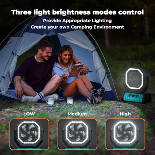 Camping Fan - 20000mAh Battery Powered Fan Rechargeable with LED Lantern - Portable Outdoor Tent Fans with Hanging Hook 4 Speeds Wind Remote Control, Blue - color: Blue