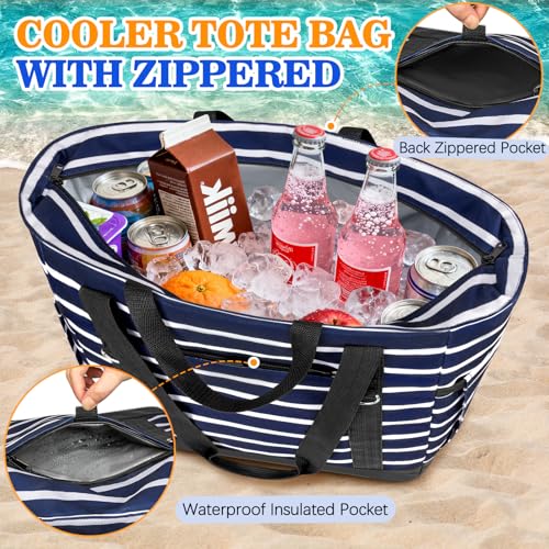HUANLANG Soft Cooler Bag Insulated for Travel,Large Insulated Grocery Bags with Zippered Top,PEVA Collapsible Food Delivery Cooler Bag for Beach, Travel, Picnics - color: Dark Blue and White