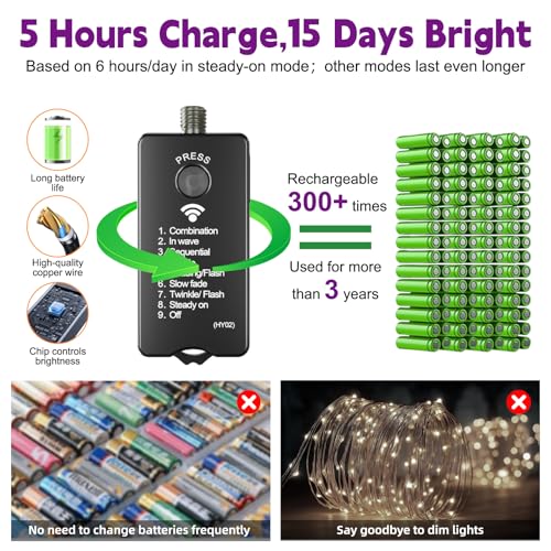 HXWEIYE Rechargeable Fairy Lights with Remote, 2 Pack 33ft 100LED Twinkle Lights with DIY Timer & Light Sensor, Waterproof Outdoor String Lights for Bedroom Patio Christmas Tree Decor, Purple - color: Purple, size: 100 LEDs - 2Pack
