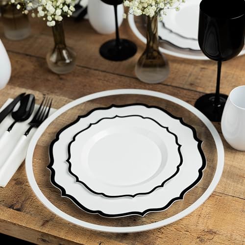 PLASTICPRO 32 Pack Elegant Disposable Plastic Plates Combo Set Includes 16 Dinner Plates and 16 Salad Plate Heavy Duty Fancy Party Plates White & Black Contemporary Design - color: White & Black Contemporary