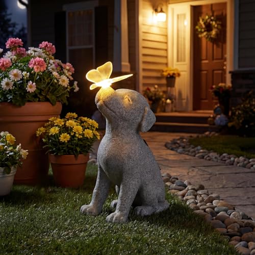 Lyeasw Dog Solar Statues with Butterfly - Waterproof Gray Dog Garden Decor for Patio, Yard, Porch- Cute Puppy Figurines with Solar LED Lights for Outdoor Decor, Pet Memorial Gift - color: Dog With Butterfly