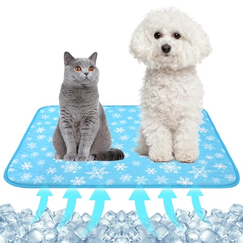 DELIFUR Cat Cooling Mat- Pet Cooling Mat Outdoor for Dogs Self Cooling Pad for Kitten Cat Puppy Machine Washable (Medium, Blue Snowflake) - color: Blue Snowflake, size: M: 27.5" x 19.5"