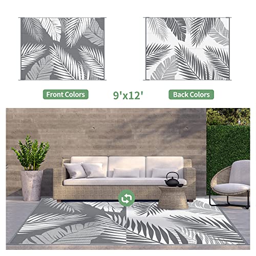 GENIMO Outdoor Rug 9' x 12' Waterproof for Patios Clearance, Reversible Plastic Straw Camping Carpet, Large Area Rugs Mats RV, Picnic, Backyard, Deck, Balcony, Porch, Beach, Grey&White - color: Grey & White | Waterproof, size: 9' x 12' (Rectangular)