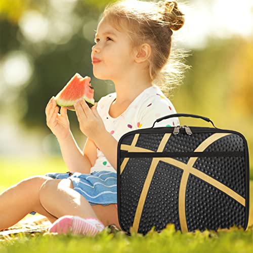 Kids Lunch Box for Boys Girls Balck Gold Sport Basketball Insulated Lunch Bag Reusable Small Cooler Bag Meal Containers Tote Kit for School Travel Women Men - color: black basketball