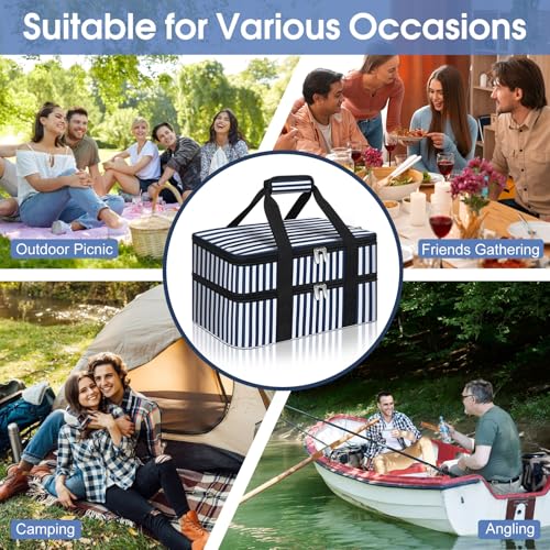 Double Insulated Casserole Carrier, Portable Casserole Carrier for Hot or Cold Food Lunch Tote Warmer or Cooler Bag, Lasagna Lunch Bag for Potluck Parties- Fits 9" x 13" Baking Dish-Blue Stripes - color: Blue Stripes, size: 16x10x7.2 in