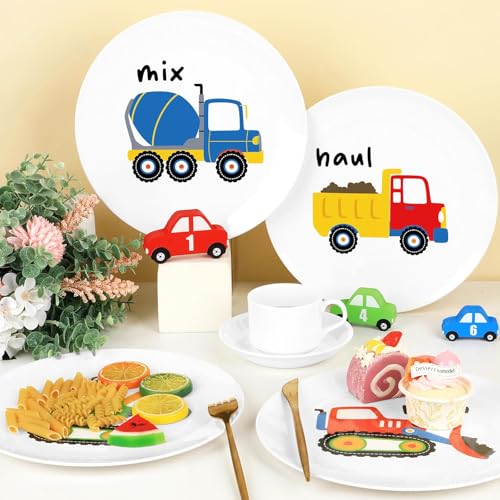 4 Set 10 Inch Construction Truck Plates Melamine Construction Truck Dinnerware Set Reusable Baby Shower Vehicle Melamine Plate Dishwasher Safe for Toddlers Creatively Drop Resistant Cute Plastic Dish - style: Construction Truck
