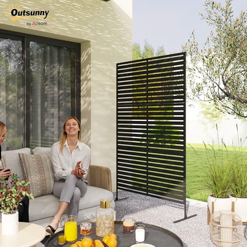 Outsunny Metal Outdoor Privacy Screen, 78" H x 48" W Decorative Privacy Fence Screen, Freestanding Outdoor Divider with Stand, Climbing Plant Trellis for Garden Walkway, Balcony, Patio, Striped Black - color: Black/Striped