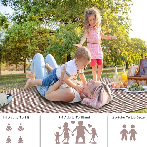 SAMSIER Outdoor Picnic Blankets Waterproof Foldable Sandproof, Large Gingham Cute Picnic Mat Washable Portable for Park Beach Camping Courtyard (Brown, 60"×80") - color: Brown, size: 5' x 6'8" (Rectangular)