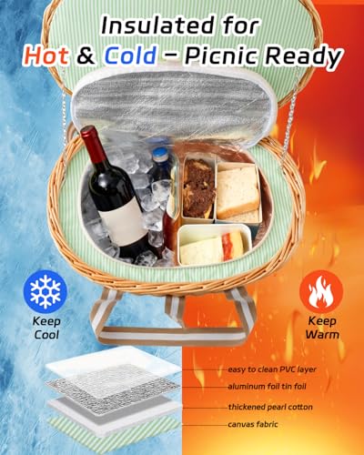 Picnic Basket Insulated with Lid, Extra Large Wicker Picnic Basket with Waterproof Insulated, Handwoven Portable Vintage Picnic Hamper 8.4 Gal(31.7L), Camping Outdoor Gifts Date, Natural - size: Oval With Insulated Lining