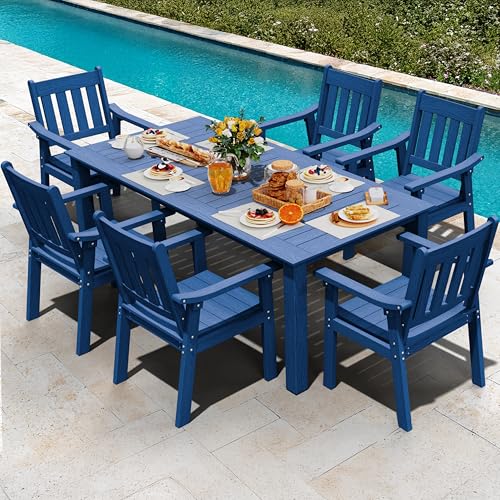 YEFU HIPS Patio Table Set: 7 Piece Outdoor Table and Chairs Dining Furniture Set with Umbrella Hole - Blue Modern Plastic Dining Sets 6 Person for Outside Deck with Metal Aluminum Frame - color: Blue, size: 7 Piece