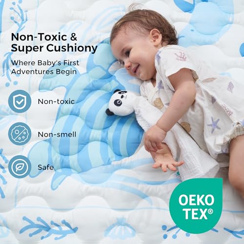 Momcozy Baby Play Mat for Floor, 50"x50" Thickened Playpen Mat, Playmate for Baby Tummy Time, Waterproof & Non-Slip, Foldable Outdoor Mat with Carrying Handle, Ocean Theam - color: Blue Ocean
