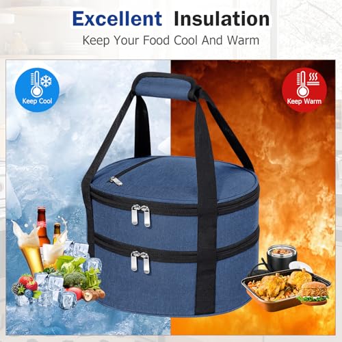 Round Double Insulated Casserole Carrier – 12" Portable Pie Carrier Bag for Hot or Cold Food, Leakproof Thermal Lunch Tote with Handle for Parties Picnic & Travel - Navy Blue - color: Navy Blue, size: Double