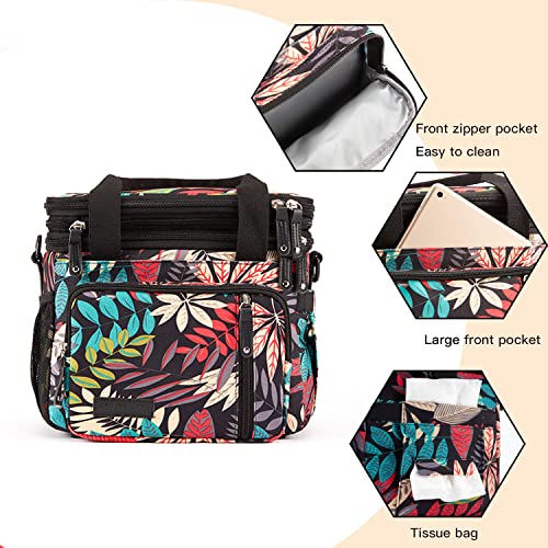MOV COMPRA Leaf Printed Leakproof Expandable Large Double Deck Lunch Box Cooler Bag for Women Men, Beach Cooler Bag with Removable Shoulder Strap - color: NEW FLOWER