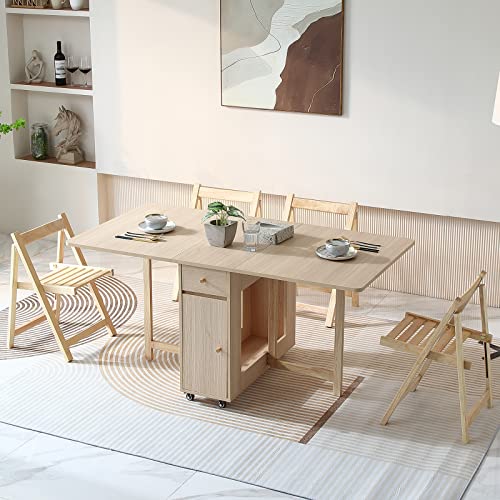 COMUHOME Extendable Drop Leaf Folding Dining Table with 2 Drawers and 4 Wheels for Living Room Kitchen Farmhouse Space Saving Table in Wood Color - color: Wood