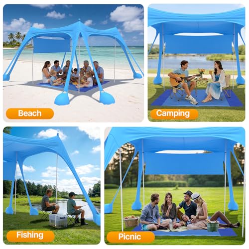 HOPERAN Beach Tent Sun Shelter, UPF50+ UV Protection, 10x10FT Pop Up Shade Beach Canopy Windproof for Outdoor Camping, Fishing, Picnics with 8 Sandbags, 1 Beach Mat, 1 Sideshade, 4 Stability Poles - color: 10x10 FT Sky Blue