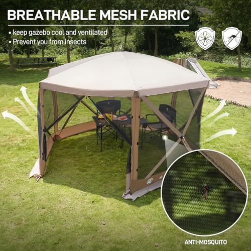 EVER ADVANCED Pop Up Gazebo Screen House Tent for Camping 11.5 ft for 8-10 Person Instant Canopy Shelter with Netting Portable for Outdoor, Backyard, Brown - color: Brown