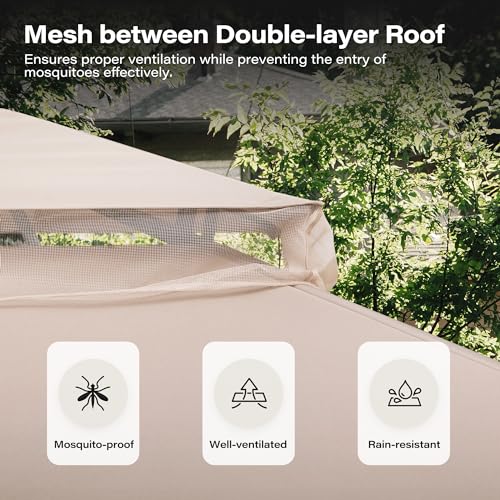 LAUSAINT HOME Gazebo 10x13ft, Heavy Duty Patio Gazebo with Expansion Bolts, Party Canopy Tent with Double Roofs, Mosquito Nettings and Privacy Screens for Backyard, Garden, Lawn, Khaki - color: Khaki, size: 10'x13'
