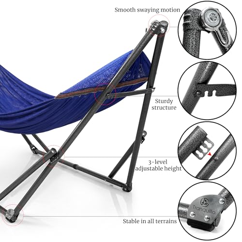 Tranquillo Universal Hammock 600 lbs Capacity, Instant 20s Foldable Hammock Stand, 3-Year Warranty Hammock with Stand, 2 Person Camping Hammock Revolutionary Portable, No Screws, Premium, Blue - color: 1. Blue