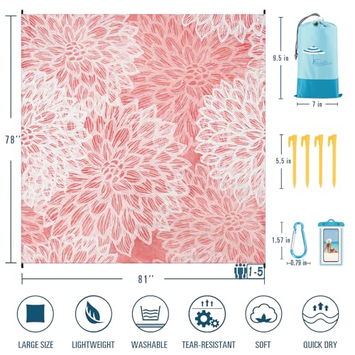 Famstar Beach Blanket Sandproof Waterproof 78''×81''1-5 Adults Oversized,Compact Lightweight Durable Beach Mat for Travel Camping Hiking Picnic Blanket - color: Pink Flower1, size: 78''×81''