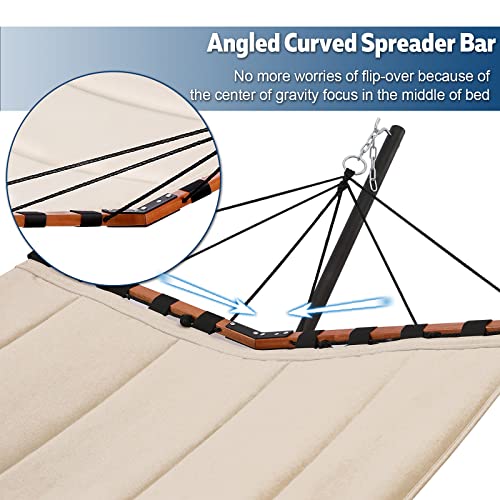 TegerDeger 12FT 2 Person Hammock with Stand Included 55 x 79IN Large Hammock 450LB Capacity with Hardwood Spreader Bar & Nylon Rope for Outside, Patio, Garden, Backyard, Beach, Poolside - Beige - color: Beige