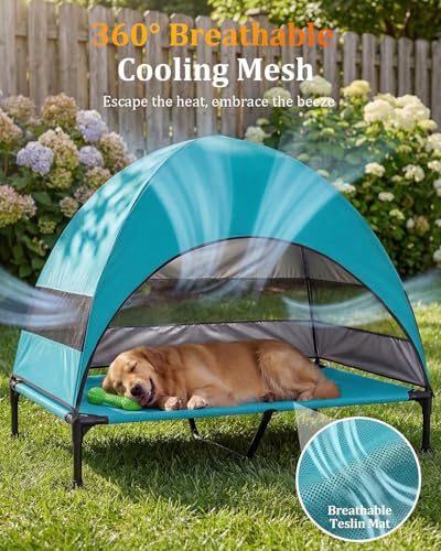 Elevated Dog Bed with Canopy - 3-Sided UV Protection Pet Tent with Wider Shade, Raised Cooling Outdoor Dog Cot with Breathable Mesh for Medium Large Dogs, Portable Bed for Camping, Patio (Aqua, XL) - color: Aqua, size: X-Large