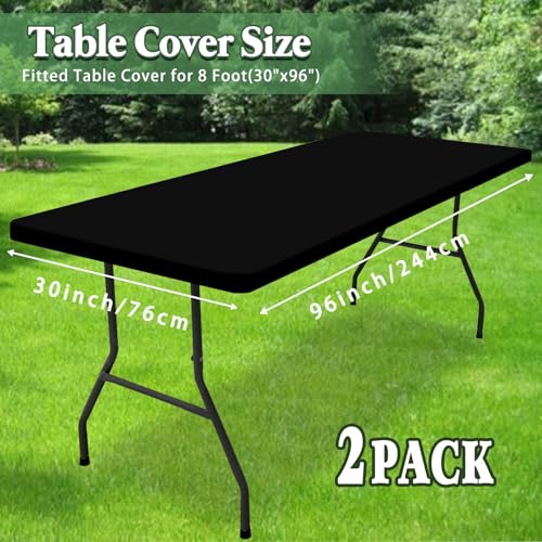 2 Pack Picnic Table Cover Fitted Tablecloth for 8 Foot Rectangle Tables Elastic Waterproof Stretch Washable Patio Folding Outdoor Spandex Table Cloth for Camping Banquet and Parties (Black,30" x 96") - color: Black, size: 30"x96" (Pack of 2)