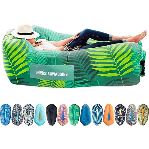 Chillbo Inflatable Couch – Unique Designs - No-Pump Setup, Ripstop Polyester, Stability Pegs, Fun Prints - Portable Air Inflatable Lounger for Beach, Camping, Festivals, and Tailgating - color: Green Leaf, size: Large
