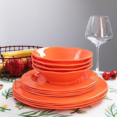 LEHAHA Orange Melamine Dinnerware Set, 12 Piece Kitchen Tableware Plates Bowls Dishes Set, Lightweight Unbreakable Dinnerware Set for 4, Dishwasher Safe and BPA free - color: Orange
