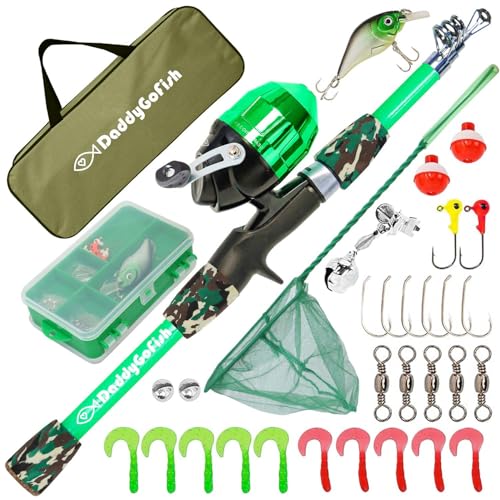 DaddyGoFish Kids Fishing Pole - Rod Reel Combo Tackle Box Starter Set - First Year Small Gear Kit for Boys Girls Toddler Youth Age Beginner Little Children - color: Green (Essential Set), size: 5ft