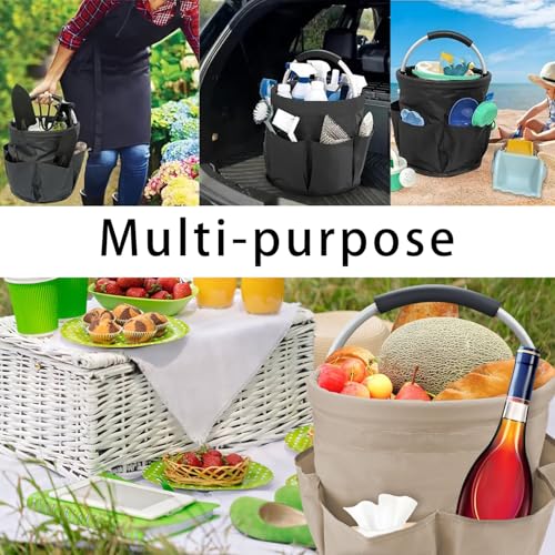 17L Collapsible Picnic Basket with 6 Pockets, Portable & Reusable Handheld Basket for Outdoor, Camping, Picnics, Shopping, Travel, and Storage (Black)