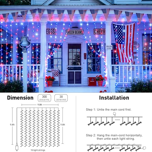 JMEXSUSS 300LED Red White and Blue Lights with Remote, 4th of July Lights Plug in, Patriots Curtain Hanging String Lights for Bedroom Wall Window Backdrop Indoor Outdoor 4th of July Decor, 9.8x9.8ft - color: Red White and Blue, size: 300 LED