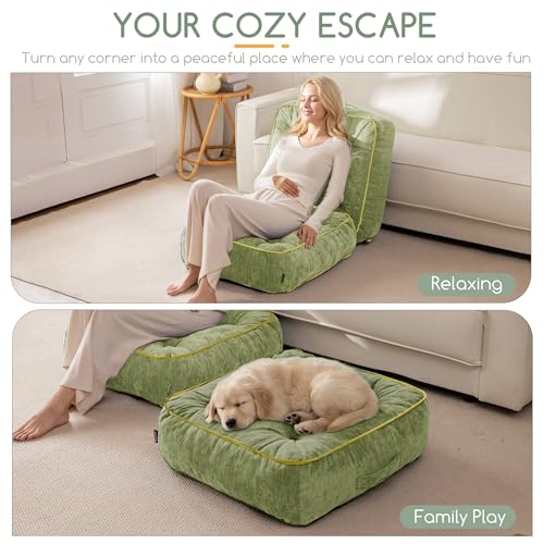 HIGOGOGO 6" Extra Thick Floor Pillow Cushion for Adults, Meditation Cushion Pillow with Handle, Lustrous Chenille Tufted, Square Floor Sitting for Tatami Living Room or Yoga, 22x22 Inch, Green - color: Square Green, size: 6" Thick(pack of 1)