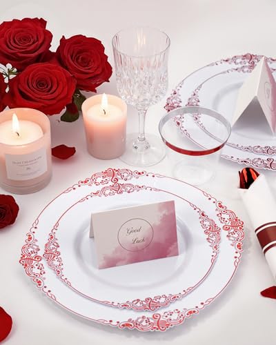 Nervure 350PCS Red Plastic Plates - White Red Plastic Dinnerware Set for 50 Guests - 100 Red Disposable Plates, 50 Pre Rolled Cutlery Set, 50 Cups Perfect for Wedding & Party & Mothers Day - color: White and Red