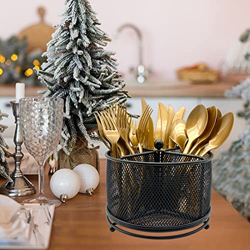 DysanVica 360° Rotating Metal Utensil Caddy - 4 Compartment Silverware Cutlery Holder Rotation Fork Spoon Napkin Organizer Flatware Storage Basket Party Countertop Buffet Picnic Camping Outdoor Black - color: Black